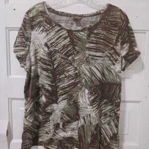 White Stag Womans 12-14 Green & Brown Accented Blouse with Side Ties